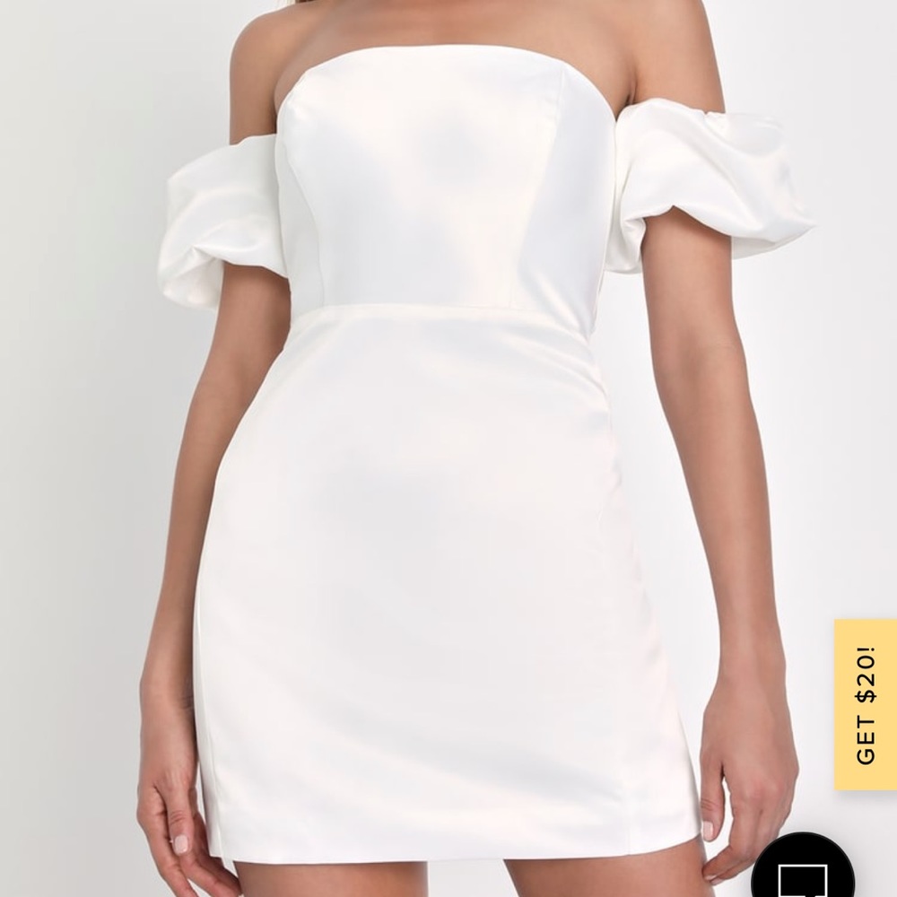 Lulus off the shoulder white satin dress
